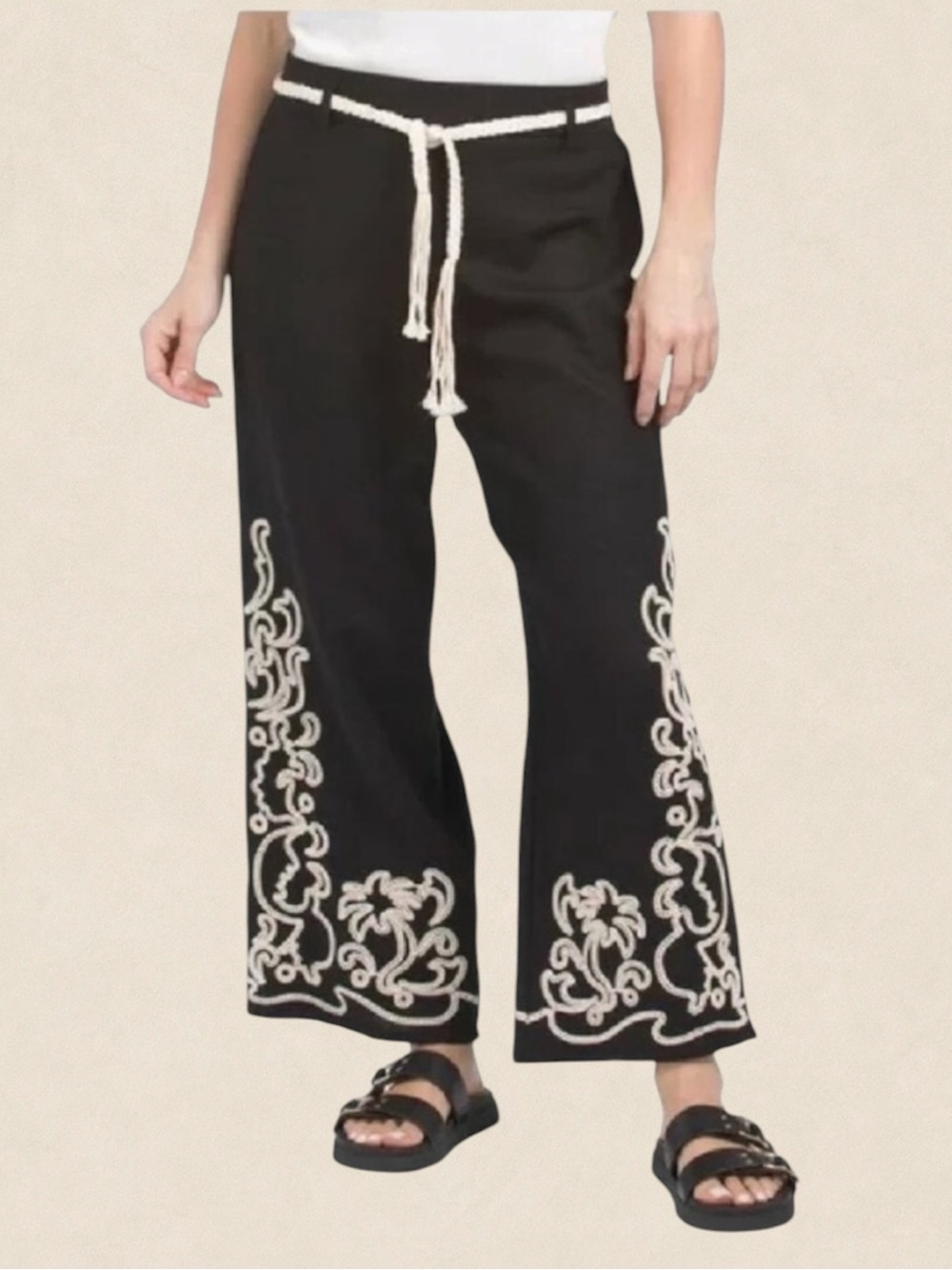 Joie Linen Blend Pants Wide Leg Embroidered Cropped Pull-On XS Black Vacation